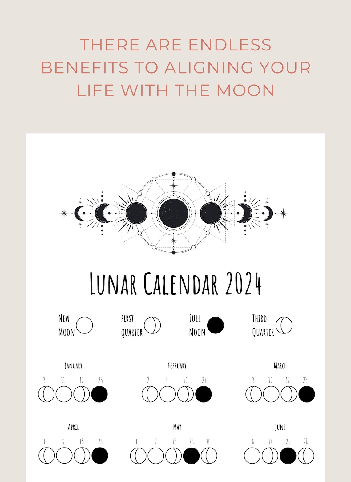 2024 Lunar Calendar Printable Moon Phase Calendar 8.5'' X 11'' Digital