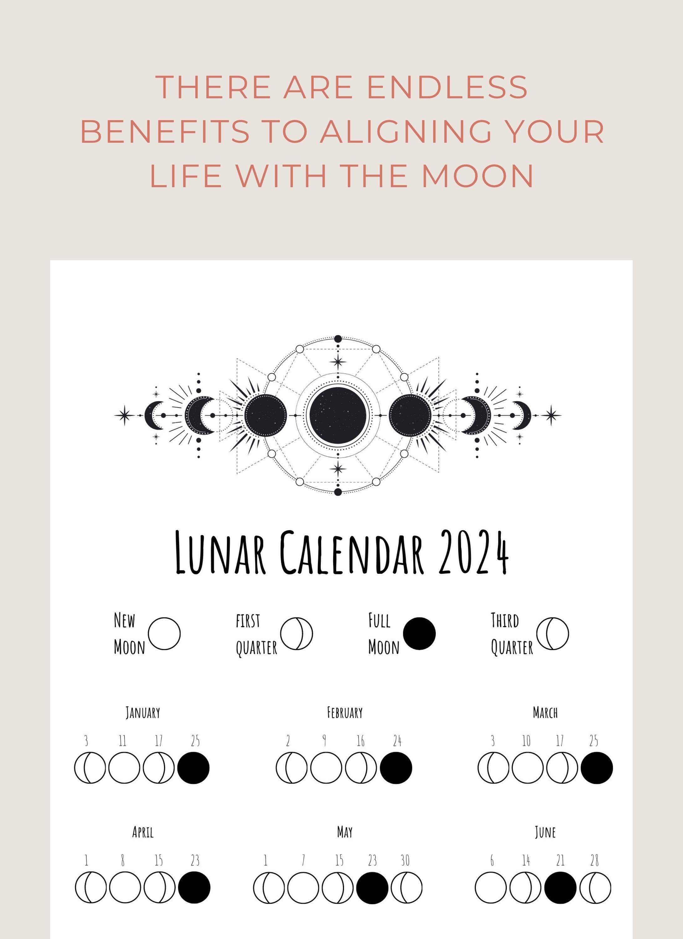 2024 Lunar Calendar Printable Moon Phase Calendar 8.5'' X 11'' Digital