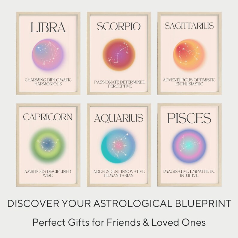 Zodiac Signs Poster Set 12 Astrology Prints Aura Gradient Etsy