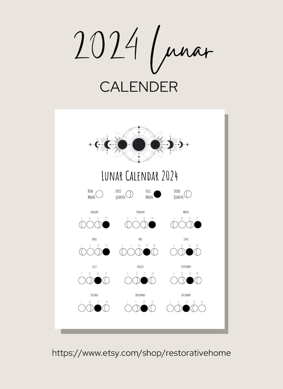2025 Lunar Calendar Printable Moon Phase Calendar Etsy