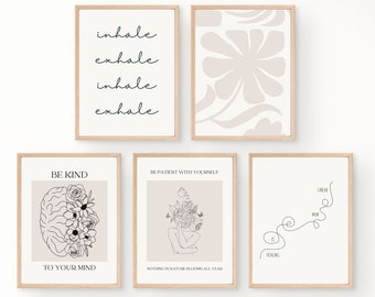 BE MINDFUL set of 5 prints, therapy office, therapist decor, mental health poster, psychologist, counsellor, office decor