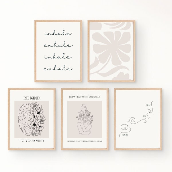 BE MINDFUL set of 5 prints, therapy office, therapist decor, mental health poster, psychologist, counsellor, office decor