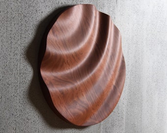 Handmade Circular Bubinga Wood Sculpture Wall Decor with Irregular Waves