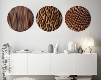 Set of 3 Round Iroko Wall Panels – Geometric Carved Design