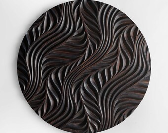 Burnt Brown Ash Circular Wall Panel – Flow Carved Geometric Design