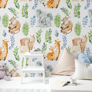 Safari Children&#39;s Wallpaper, Cute Animals Kids Bedroom Wall Art, Baby & Toddler Nursery Decor, Removable Watercolour Animal Playroom Mural