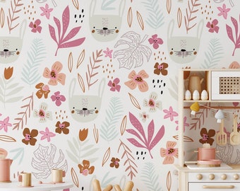 Schattig roze konijn gezicht bloemenkwekerij vooraf geplakt behang | Posy kinderkamer, speelkamer, slaapkamer muur decor | Peuter & Kinderen | Verwijderbare muurkunst
