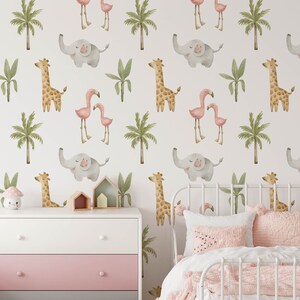 Safari Kinder Tapete, Süße Tiere Kinder Schlafzimmer Wandkunst, Baby & Kleinkind Kinderzimmer Dekoration, Abnehmbares Dschungel Thema Tierspielzimmer Wandbild