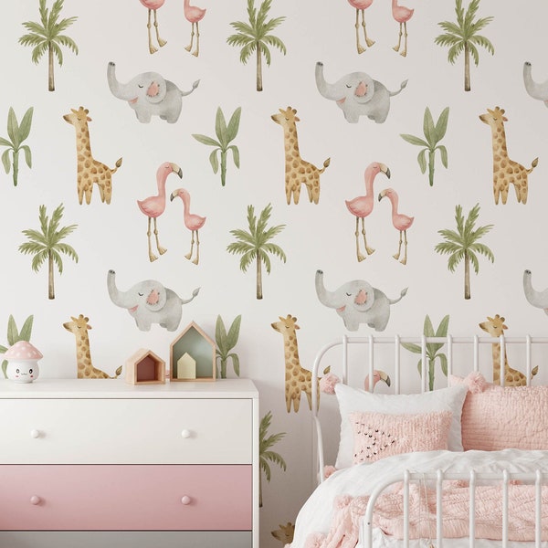 Safari Children's Wallpaper, Cute Animals Kids Bedroom Wall Art, Baby & Toddler Nursery Decor, Removable Jungle Theme Animal Playroom Mural