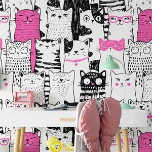 Cat Nursery Wallpaper, Removable Animal Mural Wallpaper, Children&#39;s Custom Bedroom Wallpaper, Kid&#39;s Removable Cats Wallpaper Decor
