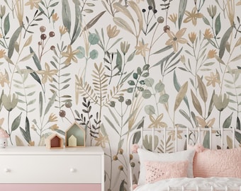 Floral Nursery Wallpaper, verwijderbare aquarel muurschildering bloemenbehang, kinder slaapkamerbehang, kid's verwijderbare behang decor