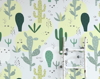 Groene Cowboy Cactus Bloemenkwekerij Voorgeplakt behang | Leuke kinderkamer, speelkamer, slaapkamer wanddecoratie | Peuter & Kinderen | Verwijderbare muurkunst