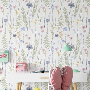 Floral Nursery Wallpaper, Removable Watercolour Posey Mural, Children's Bedroom or Playroom Wall Art, Kid's Or Toddler Feature Wall Decor