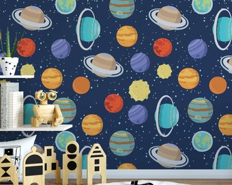 Space Planets Nursery Wallpaper, Removable Kids Wallpaper, Children's Custom Bedroom Wallpaper, Kid's Removable Boy's Wallpaper Decor