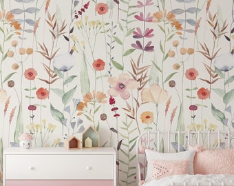 Floral Nursery Wallpaper, Removable Watercolour Mural Floral Wallpaper, Children's Bedroom Wallpaper, Kid's Removable Wallpaper Decor