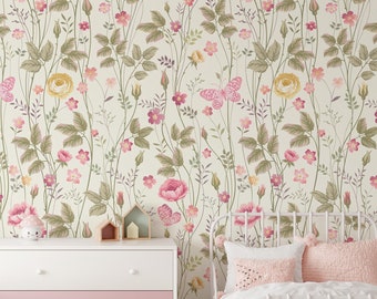 Floral Nursery Wallpaper, Removable Watercolour Mural Floral Wallpaper, Children's Bedroom Wallpaper, Kid's Removable Wallpaper Decor