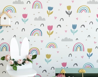 Floral Nursery Wallpaper, Removable Watercolour Rainbow Floral Wallpaper, Children's Bedroom Wallpaper, Kid's Removable Wallpaper Decor