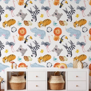 Carta da parati per bambini Safari, simpatici animali da parete per camera da letto per bambini, decorazioni per la cameretta dei bambini e neonati, murale rimovibile per sala giochi con animali a tema giungla