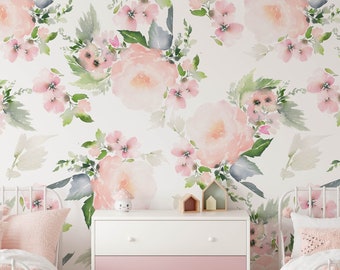 Floral Nursery Wallpaper, Removable Watercolour Mural Floral Wallpaper, Children's Bedroom Wallpaper, Kid's Removable Wallpaper Decor