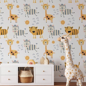 Safari Kinderzimmer Tapete, niedliche Tiere Kinderzimmer Wandkunst, Baby & Kleinkind Kinderzimmer Dekor, abnehmbares Dschungel Thema Tier Spielzimmer Wandbild