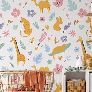 Carta da parati per bambini Safari, simpatici animali da parete per camera da letto per bambini, decorazioni per la cameretta dei bambini e neonati, murale rimovibile per sala giochi con animali a tema giungla