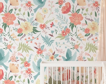 Floral Nursery Wallpaper, Removable Watercolour Mural Floral Wallpaper, Children's Bedroom Wallpaper, Kid's Removable Wallpaper Decor