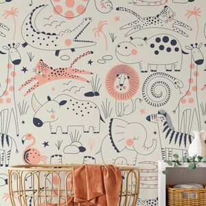 Carta da parati per bambini Safari, simpatici animali da parete per camera da letto per bambini, decorazioni per la cameretta dei bambini e neonati, murale rimovibile per sala giochi con animali a tema giungla