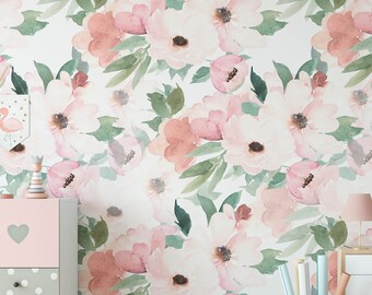 Floral Nursery Wallpaper, Removable Watercolour Mural Floral Wallpaper, Children's Bedroom Wallpaper, Kid's Removable Wallpaper Decor