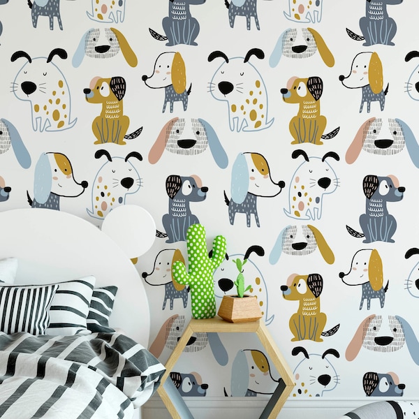 Dog Nursery Wallpaper, Removable Animal Mural Wallpaper, Children's Custom Bedroom Wallpaper, Kid's Removable Dogs Wallpaper Decor