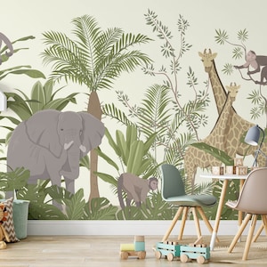 Safari Kinderzimmer Tapete, abnehmbare Dschungel Wandtapete, Kinder schlafzimmer Tapete, Abnehmbare Dschungel Tapete Deko