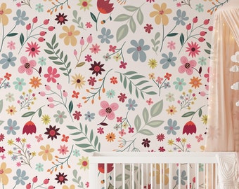 Floral Nursery Wallpaper, verwijderbare aquarel muurschildering bloemenbehang, kinder slaapkamerbehang, kid's verwijderbare behang decor