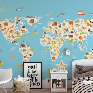 Safari Weltkarte Tapete, abnehmbare Kinderzimmer Dschungel Wandbild Tapete, Kinder schlafzimmer Tapete, Kinder abnehmbare Dschungel Tapete