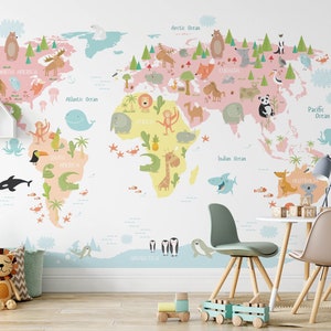 Safari Weltkarte Tapete, abnehmbare Kinderzimmer Dschungel Wandbild Tapete, Kinder schlafzimmer Tapete, Kinder abnehmbare Dschungel Tapete