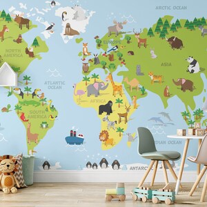 Safari Weltkarte Tapete, Kinderzimmer Dschungel Wandbild Tapete, Kinder schlafzimmer Tapete, Kinder abnehmbare Dschungel Tapete Dekor