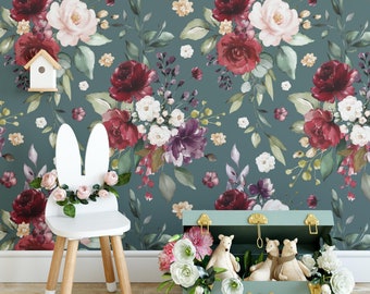 Floral Nursery Wallpaper, Removable Watercolour Mural Floral Wallpaper, Children's Bedroom Wallpaper, Kid's Removable Wallpaper Decor