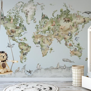 Removable Children's Safari Nursery Wallpaper, Kid's World Map Animal Theme Mural Decor, Playroom or Bedroom Jungle Wall Art For Toddler