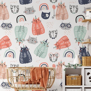 Schattige rustieke kat Boho kwekerij kinderbehang muurschildering, verwisselbare dierenmuur kunst voor kinderslaapkamer of speelkamer, peuter of baby decor afbeelding 3