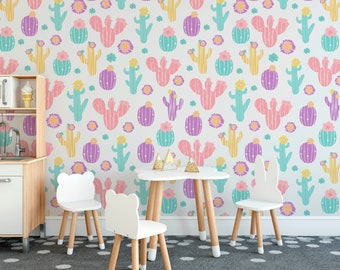 Leuk kleurrijk cactus bloemenkwekerij voorgeplakt behang | Kinderkamer, speelkamer, slaapkamer wanddecoratie | Peuter & Kinderen | Verwijderbare muurkunst