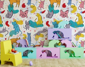 Kleurrijke kattenkwekerij kinderbehang muurschildering, vooraf geplakte verwijderbare muurkunst voor kinderslaapkamer of speelkamer, peuter- of babydecor
