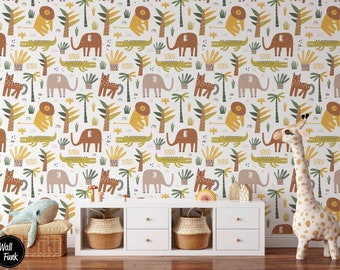 Children's Elephant and Lion Jungle Safari Animals Nursery Wallpaper, Removable Wall Art For Playroom & Kids Bedroom, Baby or Toddler Decor