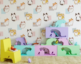 Adorable Cat Theme Pre-Pasted Wallpaper | Nursery, Playroom, Bedroom Decor | Kids & Toddlers | Cute Children's Removable Animal Wall Art