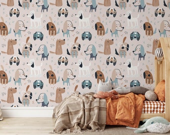 Cute Dog Boho Nursery Children's Animal Wallpaper Mural, Custom Removable Wall Art for Kid's Bedroom, Playroom, Toddler or Baby Decor