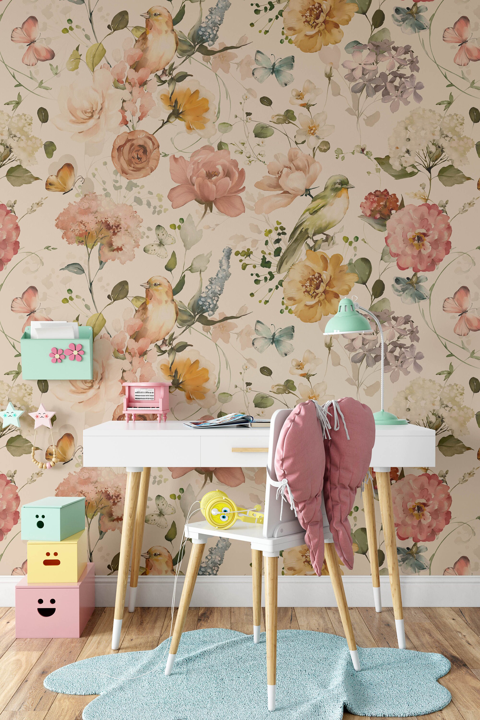 Floral Nursery Wallpaper, Removable Watercolour Mural Floral Wallpaper ...