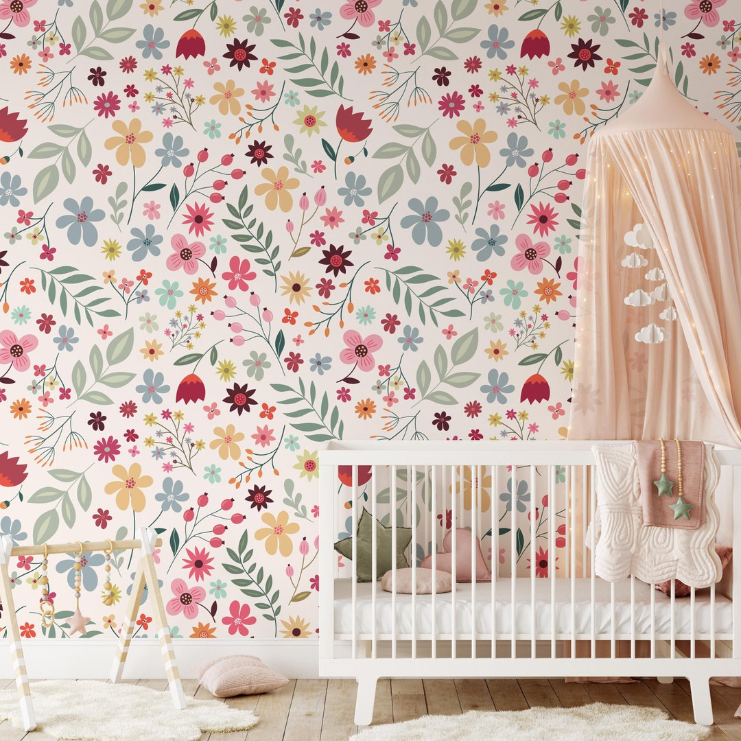 Floral Nursery Wallpaper, Removable Watercolour Mural Floral Wallpaper ...