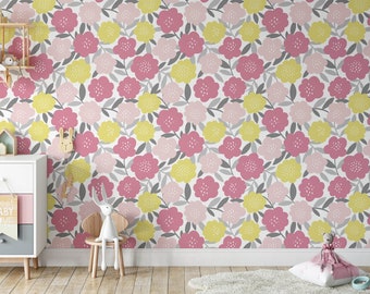Roze en gele bloem bloemenkwekerij voorgeplakt behang | Kinderkamer, speelkamer, slaapkamer wanddecoratie | Peuter & Kinderen | Verwijderbare muurkunst