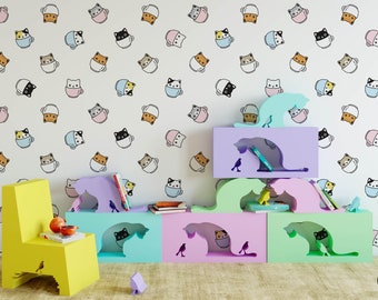 Schattige Kawaii katten in kopjes kinderkamer kinderbehang muurschildering, verwijderbare dierenmuur kunst voor kinderslaapkamer of speelkamer, peuter of baby decor