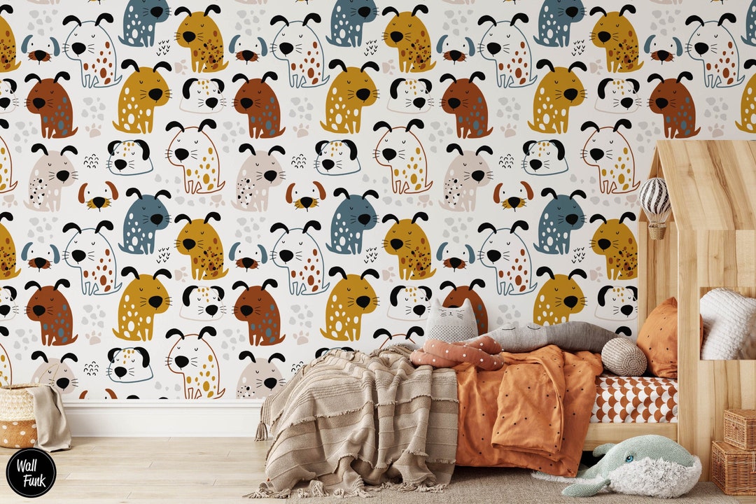 Colourful Puppy Dog Nursery Wallpaper, Removable Animal Custom Mural ...