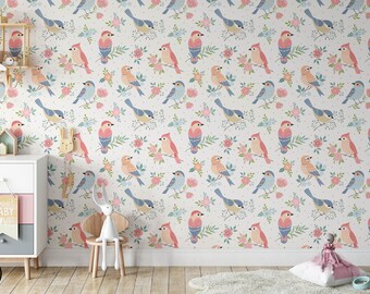 Delicaat Boho Bird Floral kinderkamer voorgeplakt behang | Dierenkwekerij, speelkamer, slaapkamer wanddecoratie | Peuter & Kinderen | Verwijderbare muurkunst