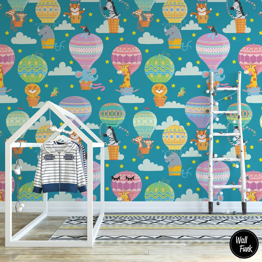 Safari Children's Wallpaper Cute Animals Kids Bedroom Etsy