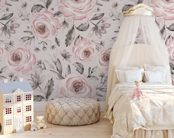 Pastelroze rozen bloemenkwekerij voorgeplakt behang | Leuke kinderkamer, speelkamer, slaapkamer wanddecoratie | Peuter & Kinderen | Verwijderbare muurkunst